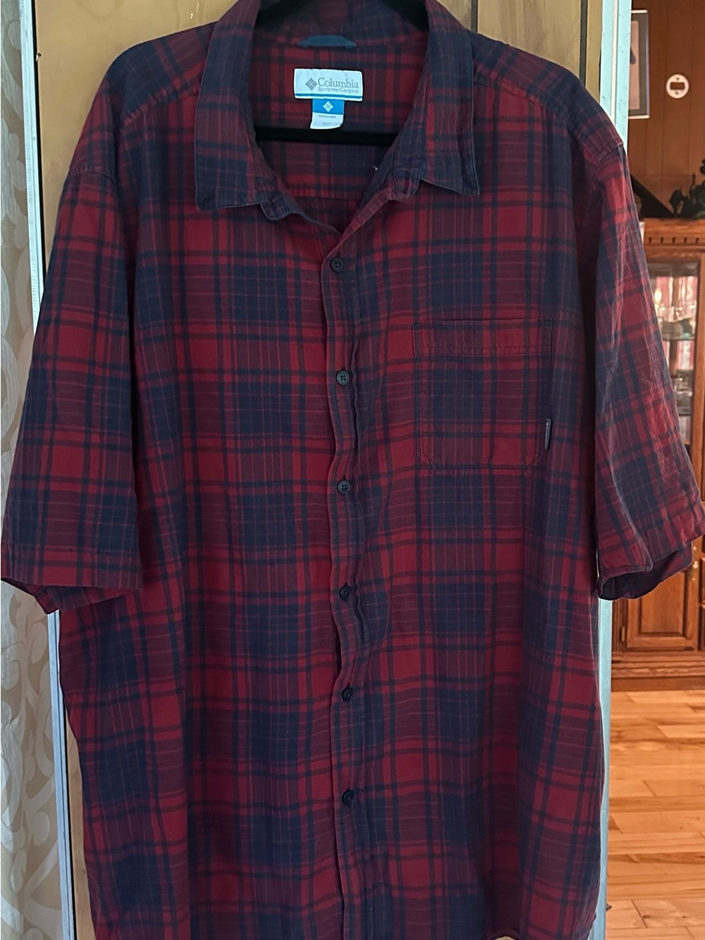 Columbia Red and Navy Plaid Short-Sleeve Button-Down Shirt